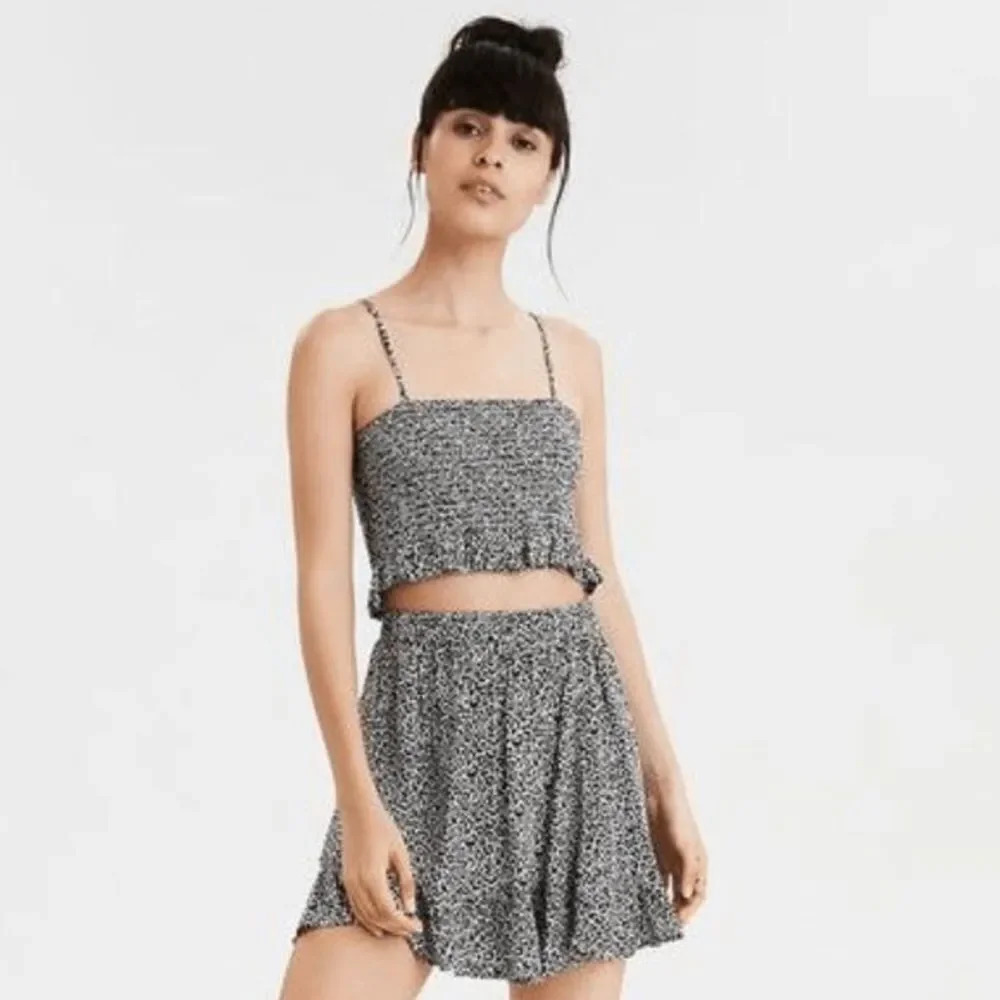 American Eagle Skirt Set Women's Size XS Black Gray Leopard Crop Smocked